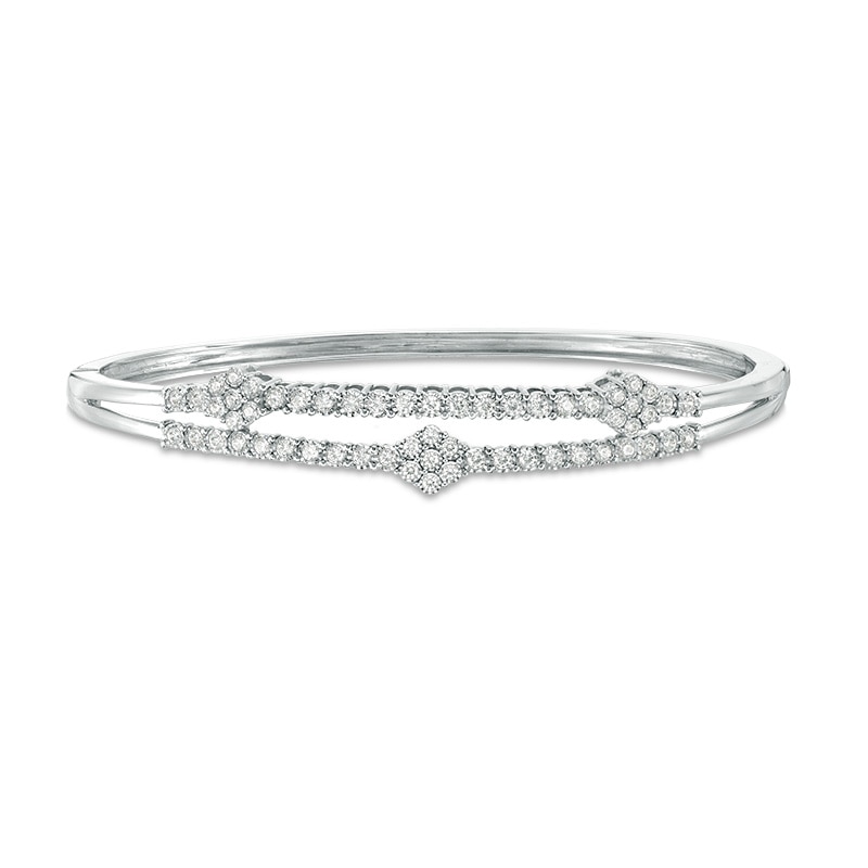 Main Image 1 of Previously Owned - 1 CT. T.W. Composite Diamond Three Flower Bangle in 10K White Gold