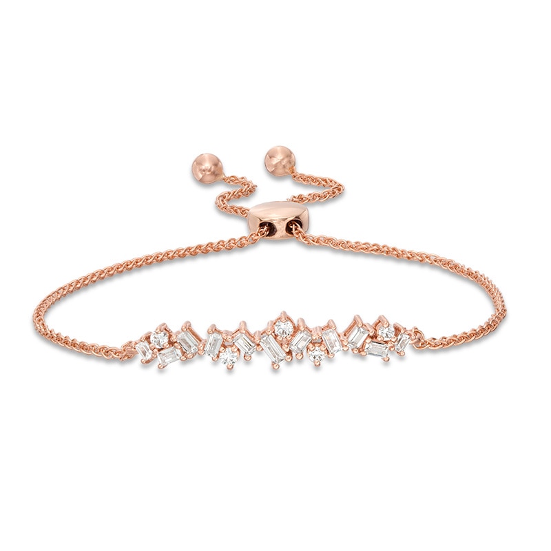 Main Image 1 of Previously Owned - 1/2 CT. T.W. Baguette and Round Diamond Scatter Bolo Bracelet in 10K Rose Gold - 9.5"