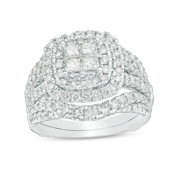 Previously Owned - 2 CT. T.w. Quad Princess-Cut Diamond Double Frame Bridal Set in 14K White Gold