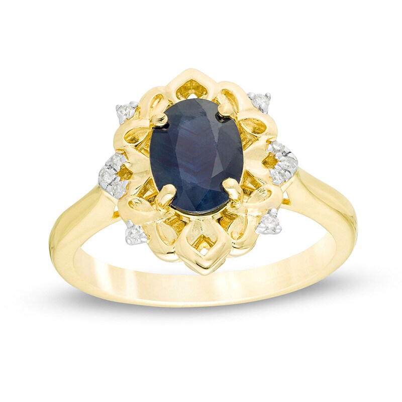 Main Image 1 of Previously Owned - Oval Blue Sapphire and 1/20 CT. T.W. Diamond Ornate Ring in 10K Gold