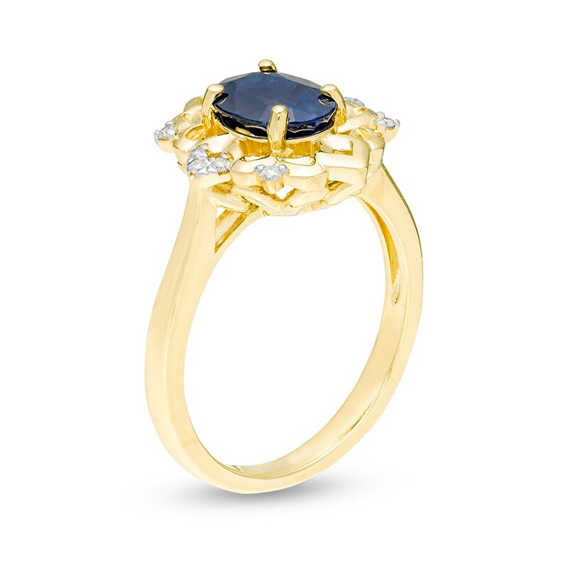 Main Image 3 of Previously Owned - Oval Blue Sapphire and 1/20 CT. T.W. Diamond Ornate Ring in 10K Gold