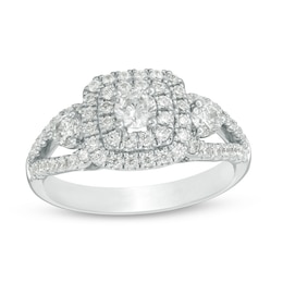 Previously Owned - 1 CT. T.W. Diamond Past Present Future® Double Cushion Frame Engagement Ring in 14K White Gold
