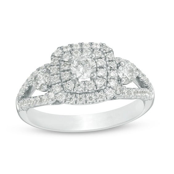 Previously Owned - 1 CT. T.w. Diamond Past Present Future® Double Cushion Frame Engagement Ring in 14K White Gold