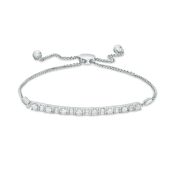 Previously Owned - 1/2 CT. T.w. Baguette and Round Diamond Bolo Bracelet in Sterling Silver - 9.0"