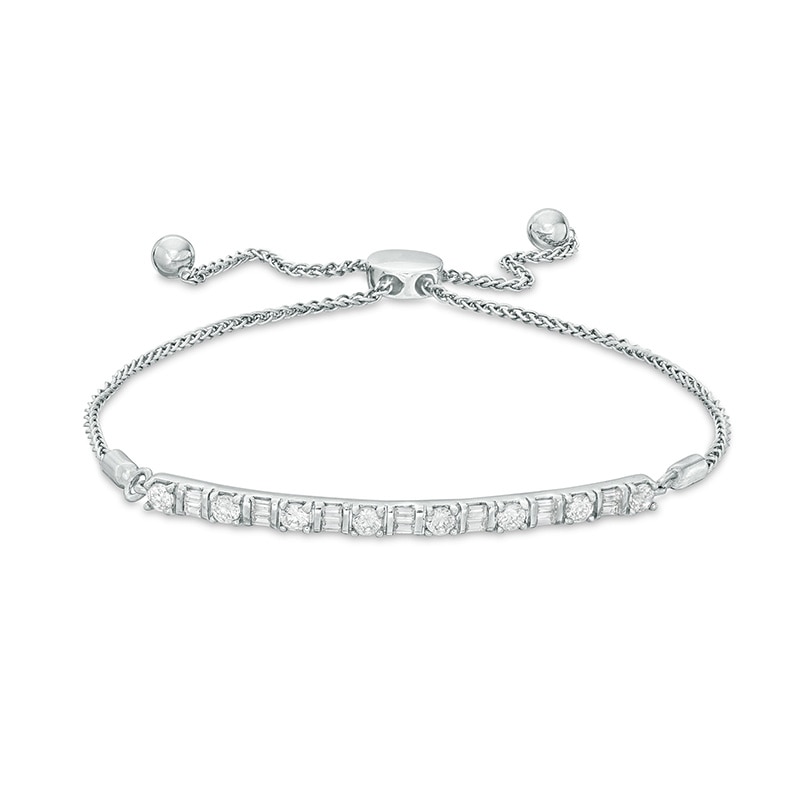 Main Image 1 of Previously Owned - 1/2 CT. T.W. Baguette and Round Diamond Bolo Bracelet in Sterling Silver - 9.0"