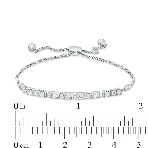 Previously Owned - 1/2 CT. T.w. Baguette and Round Diamond Bolo Bracelet in Sterling Silver - 9.0"