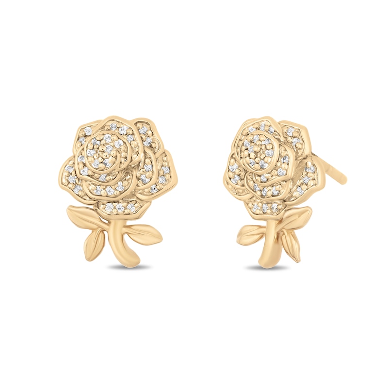 Main Image 1 of Previously Owned - Enchanted Disney Belle 1/10 CT. T.W. Diamond Rose Stud Earrings in 10K Gold