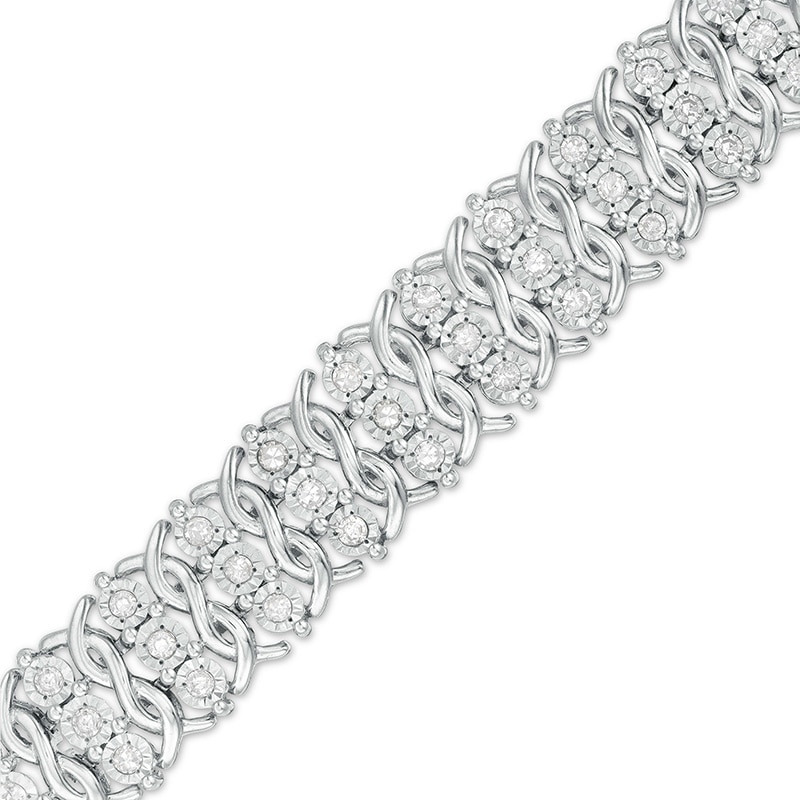 Main Image 1 of Previously Owned - 1 CT. T.W. Diamond Triple Row Twist Bracelet in Sterling Silver - 7.5"