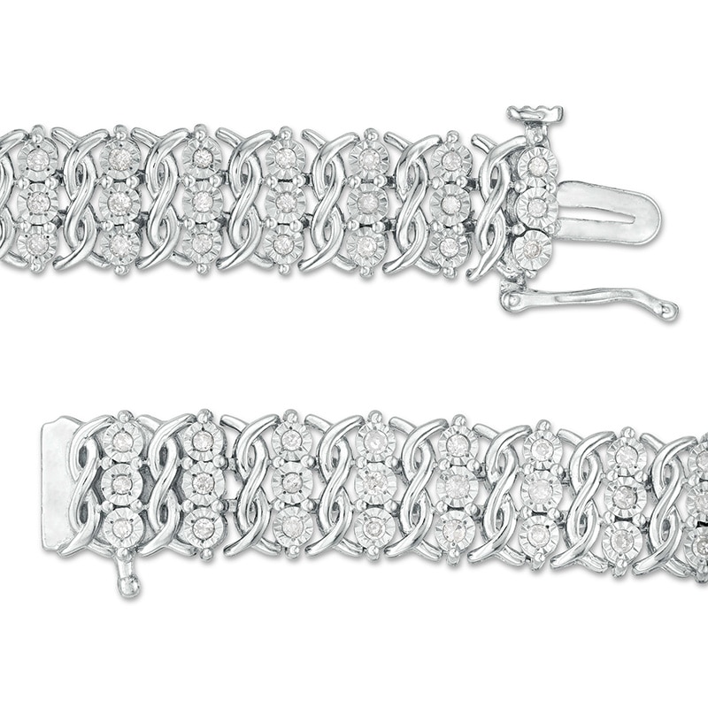 Main Image 3 of Previously Owned - 1 CT. T.W. Diamond Triple Row Twist Bracelet in Sterling Silver - 7.5"