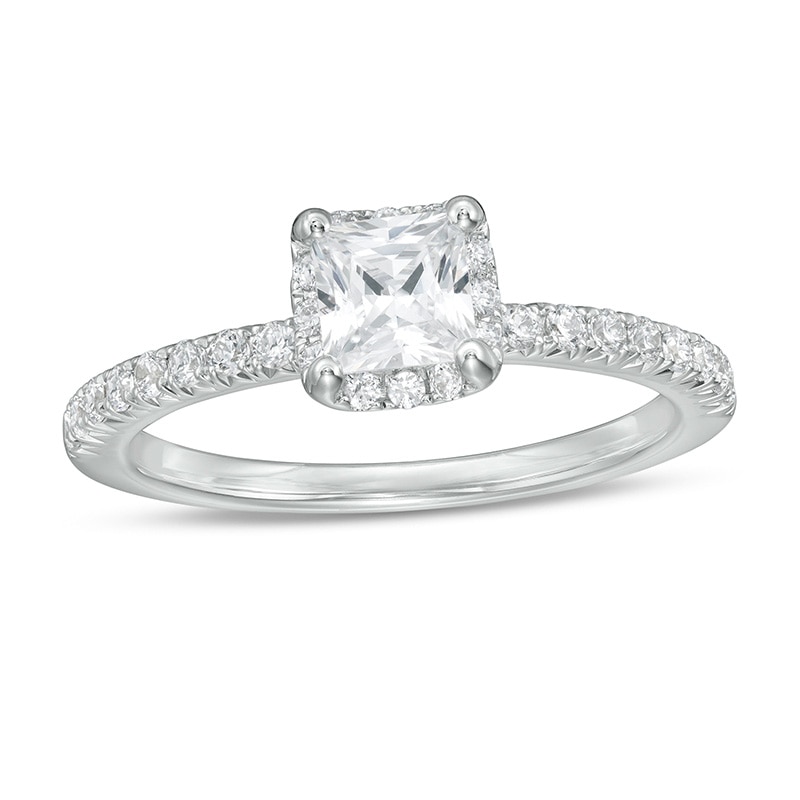 Main Image 1 of Previously Owned - 1 CT. T.W. Princess-Cut Diamond Cushion Frame Engagement Ring in 14K White Gold (I/I2)