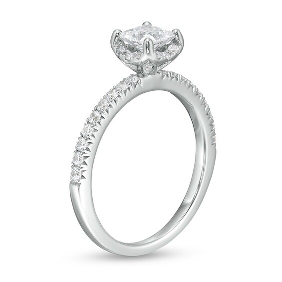 Previously Owned - 1 CT. T.w. Princess-Cut Diamond Cushion Frame Engagement Ring in 14K White Gold (I/I2)