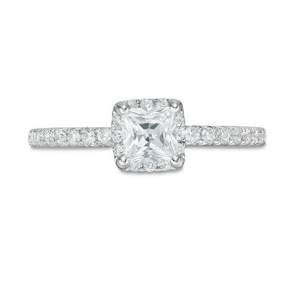 Previously Owned - 1 CT. T.w. Princess-Cut Diamond Cushion Frame Engagement Ring in 14K White Gold (I/I2)