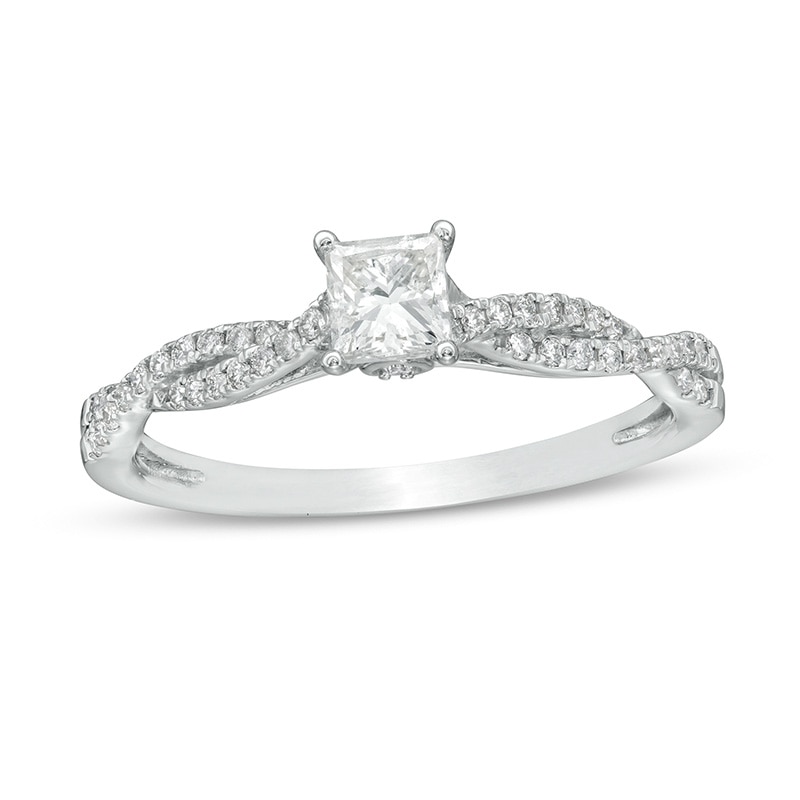 Main Image 1 of Previously Owned - 1/2 CT. T.W. Princess-Cut Diamond Twist Shank Engagement Ring in 14K White Gold (I/I2)