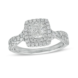 Previously Owned - 1-1/4 CT. T.W. Radiant-Cut Diamond Frame Vintage-Style Engagement Ring in 14K White Gold (I/SI2)