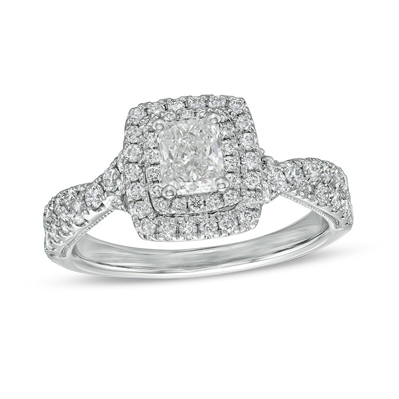 Main Image 1 of Previously Owned - 1-1/4 CT. T.W. Radiant-Cut Diamond Frame Vintage-Style Engagement Ring in 14K White Gold (I/SI2)