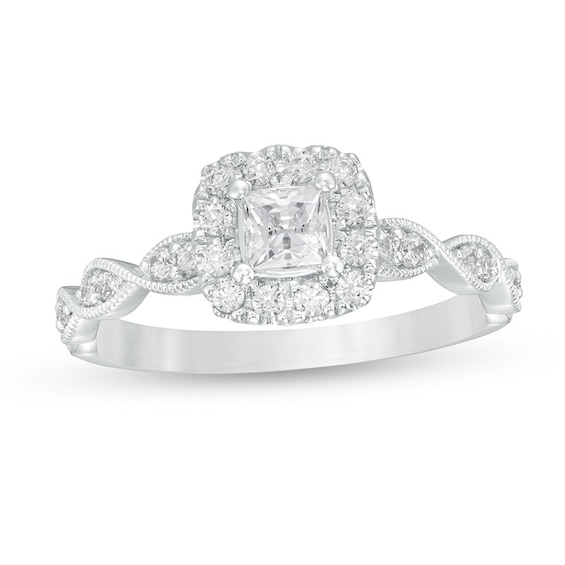 Previously Owned - 5/8 CT. T.w. Princess-Cut Diamond Cushion Frame Vintage-Style Engagement Ring in 14K White Gold