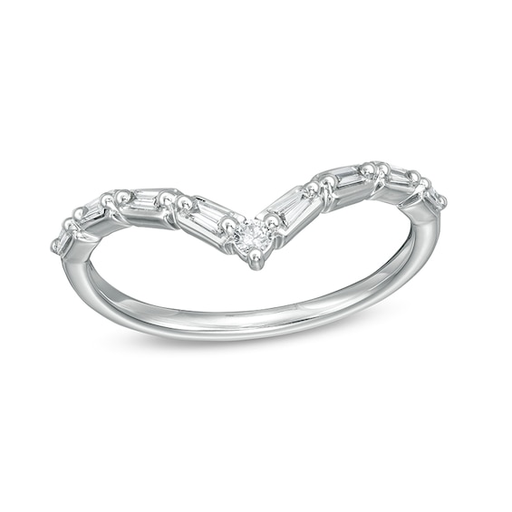Previously Owned - 1/6 CT. T.w. Baguette and Round Diamond Chevron Anniversary Band in 14K White Gold