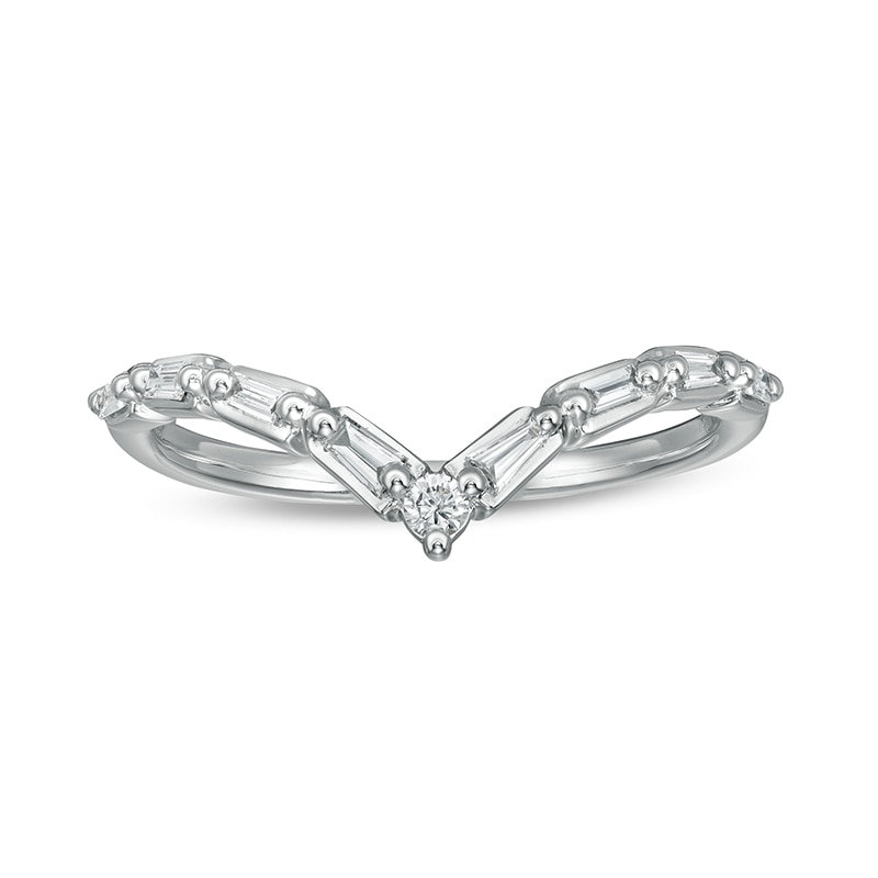 Main Image 4 of Previously Owned - 1/6 CT. T.W. Baguette and Round Diamond Chevron Anniversary Band in 14K White Gold