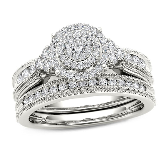 Previously Owned - 1/2 CT. T.w. Diamond Triple Frame Tri-Sides Vintage-Style Bridal Set in 10K White Gold