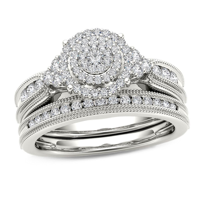 Main Image 1 of Previously Owned - 1/2 CT. T.W. Diamond Triple Frame Tri-Sides Vintage-Style Bridal Set in 10K White Gold
