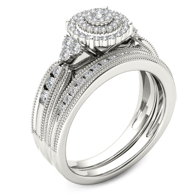 Main Image 2 of Previously Owned - 1/2 CT. T.W. Diamond Triple Frame Tri-Sides Vintage-Style Bridal Set in 10K White Gold