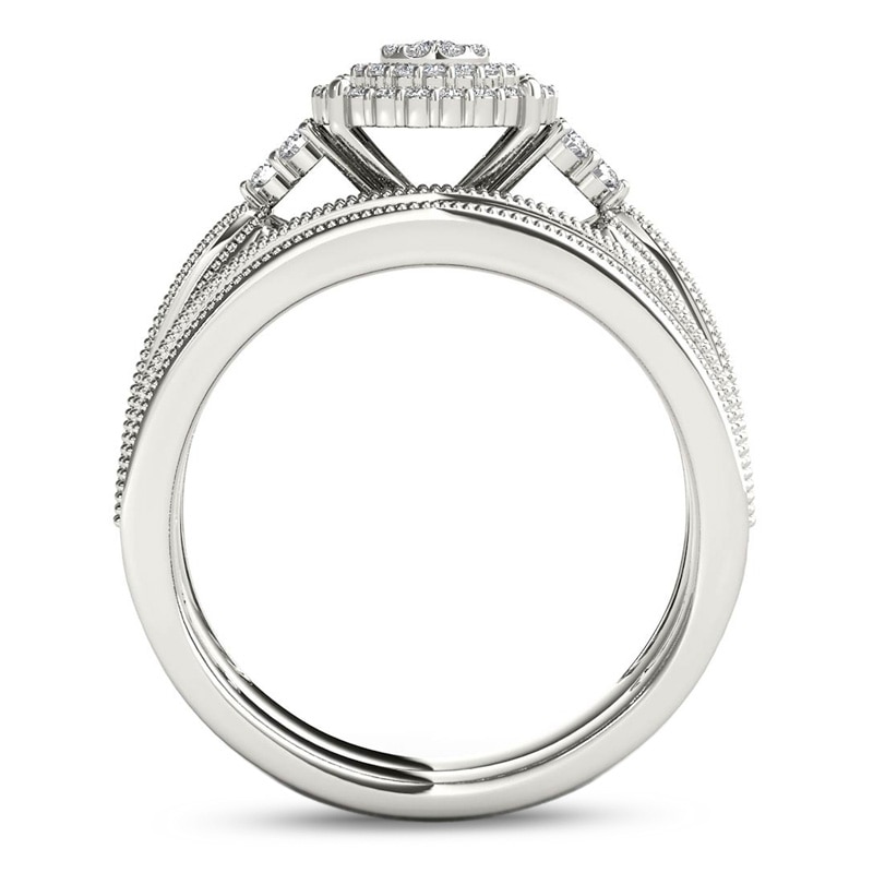 Main Image 3 of Previously Owned - 1/2 CT. T.W. Diamond Triple Frame Tri-Sides Vintage-Style Bridal Set in 10K White Gold
