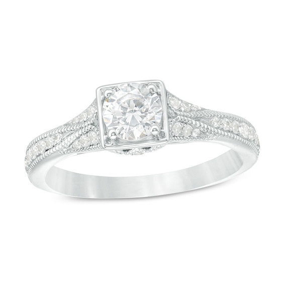 Previously Owned - 7/8 CT. T.w. Diamond Vintage-Style Engagement Ring in 14K White Gold