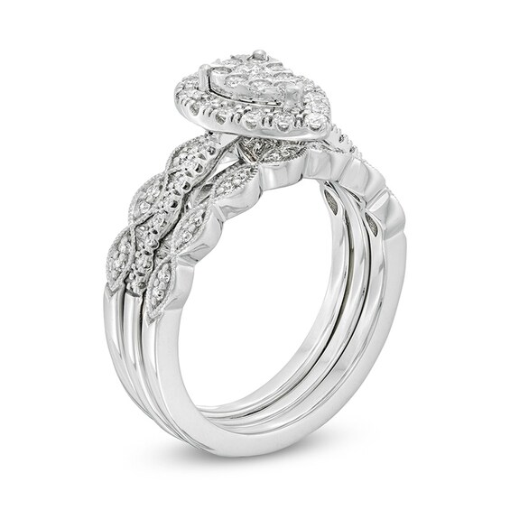 Previously Owned - 1/2 CT. T.w. Diamond Pear-Shaped Art Deco Soldered Bridal Set in 10K White Gold