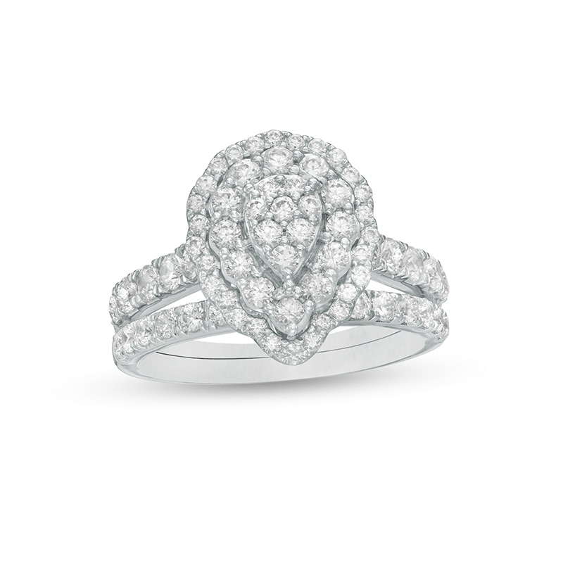 Main Image 1 of Previously Owned - 1-1/2 CT. T.W. Multi-Diamond Pear Diamond Scallop Frame Bridal Set in 10K White Gold