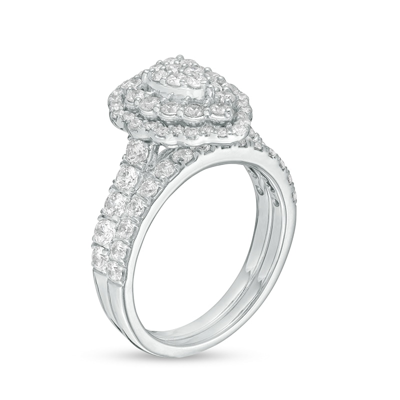 Main Image 3 of Previously Owned - 1-1/2 CT. T.W. Multi-Diamond Pear Diamond Scallop Frame Bridal Set in 10K White Gold