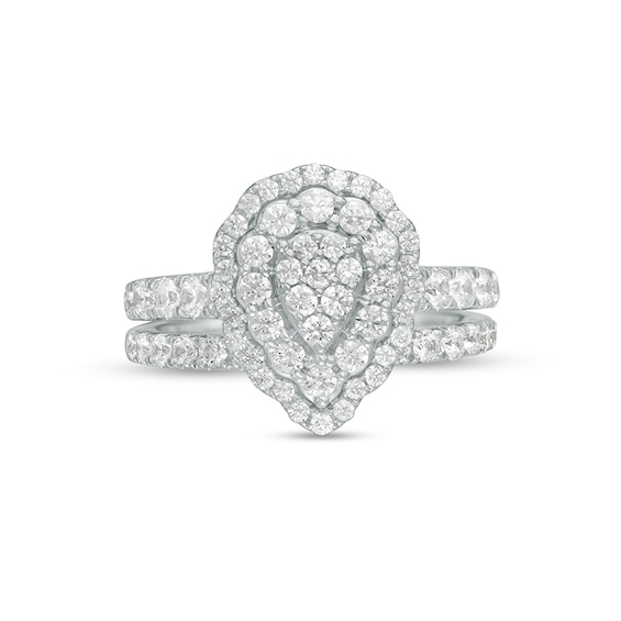 Previously Owned - 1-1/2 CT. T.w. Multi-Diamond Pear Diamond Scallop Frame Bridal Set in 10K White Gold