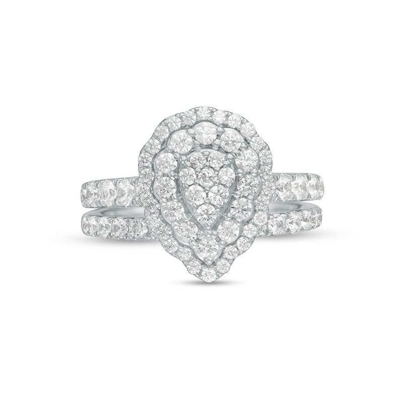 Main Image 4 of Previously Owned - 1-1/2 CT. T.W. Multi-Diamond Pear Diamond Scallop Frame Bridal Set in 10K White Gold