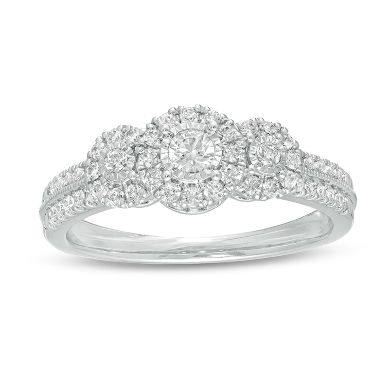 Main Image 1 of Previously Owned - 1/2 CT. T.W. Diamond Past Present Future® Frame Vintage-Style Engagement Ring in 10K White Gold