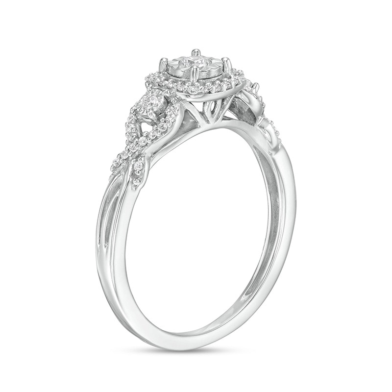 Main Image 3 of Previously Owned - 1/4 CT. T.W. Diamond Past Present Future® Frame Twist Shank Engagement Ring in 10K White Gold