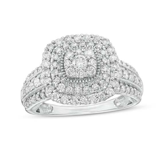 Previously Owned - 1 CT. T.w. Diamond Triple Cushion-Shaped Frame Vintage-Style Engagement Ring in 10K White Gold