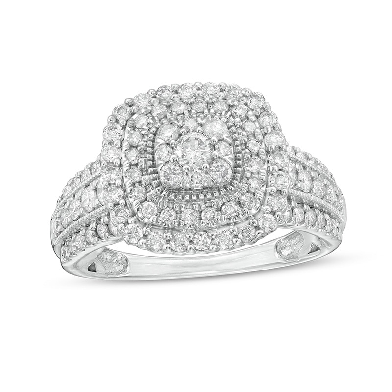 Main Image 1 of Previously Owned - 1 CT. T.W. Diamond Triple Cushion-Shaped Frame Vintage-Style Engagement Ring in 10K White Gold