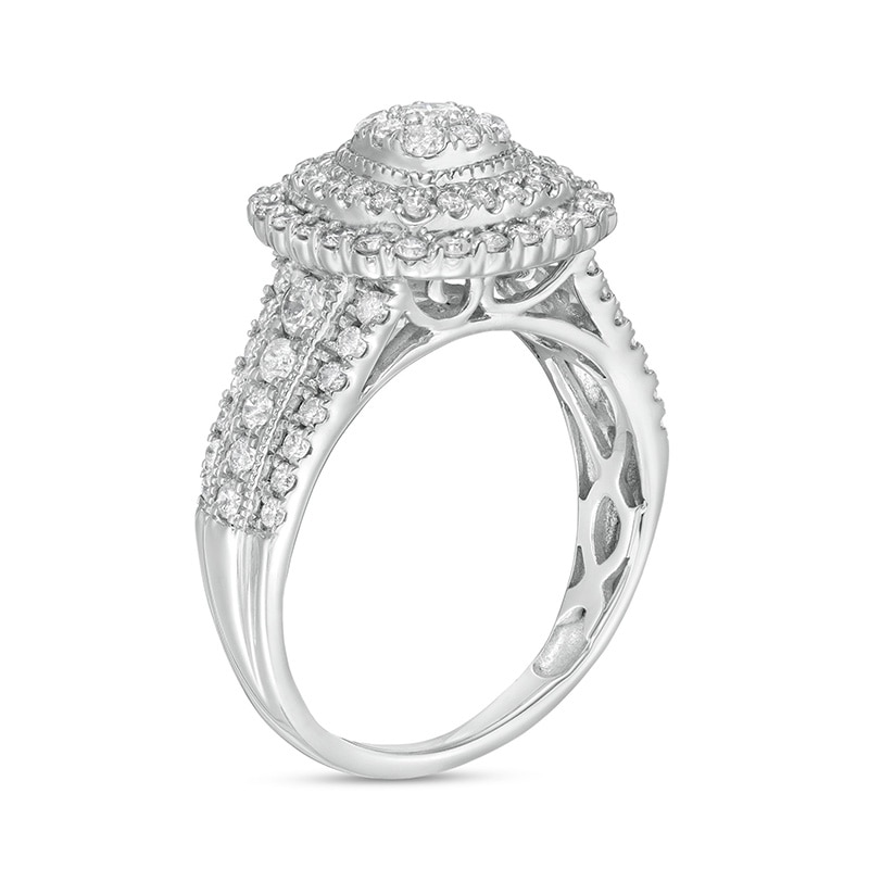 Main Image 3 of Previously Owned - 1 CT. T.W. Diamond Triple Cushion-Shaped Frame Vintage-Style Engagement Ring in 10K White Gold