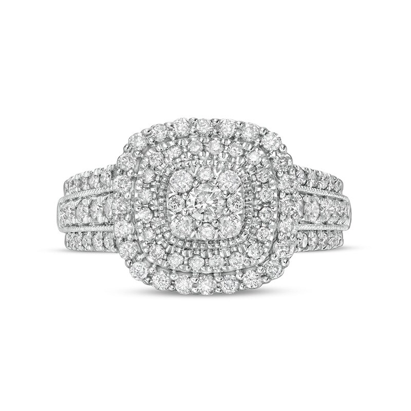 Main Image 4 of Previously Owned - 1 CT. T.W. Diamond Triple Cushion-Shaped Frame Vintage-Style Engagement Ring in 10K White Gold
