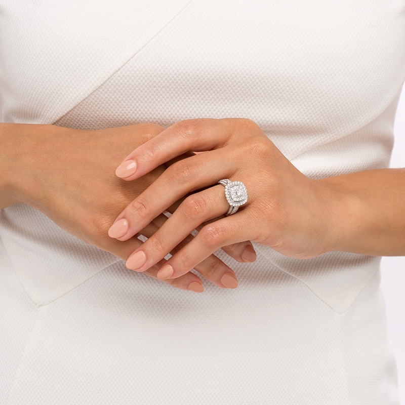 Main Image 2 of Previously Owned - 1-1/2 CT. T.W. Diamond Double Cushion-Shaped Frame Vintage-Style Engagement Ring in 10K White Gold