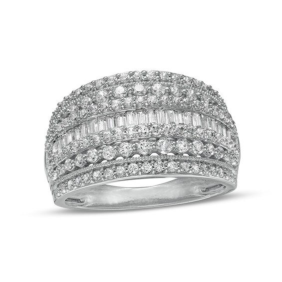 Previously Owned - 1 CT. T.w. Baguette and round Diamond Vintage-Style Multi-Row Anniversary Band in 10K White Gold
