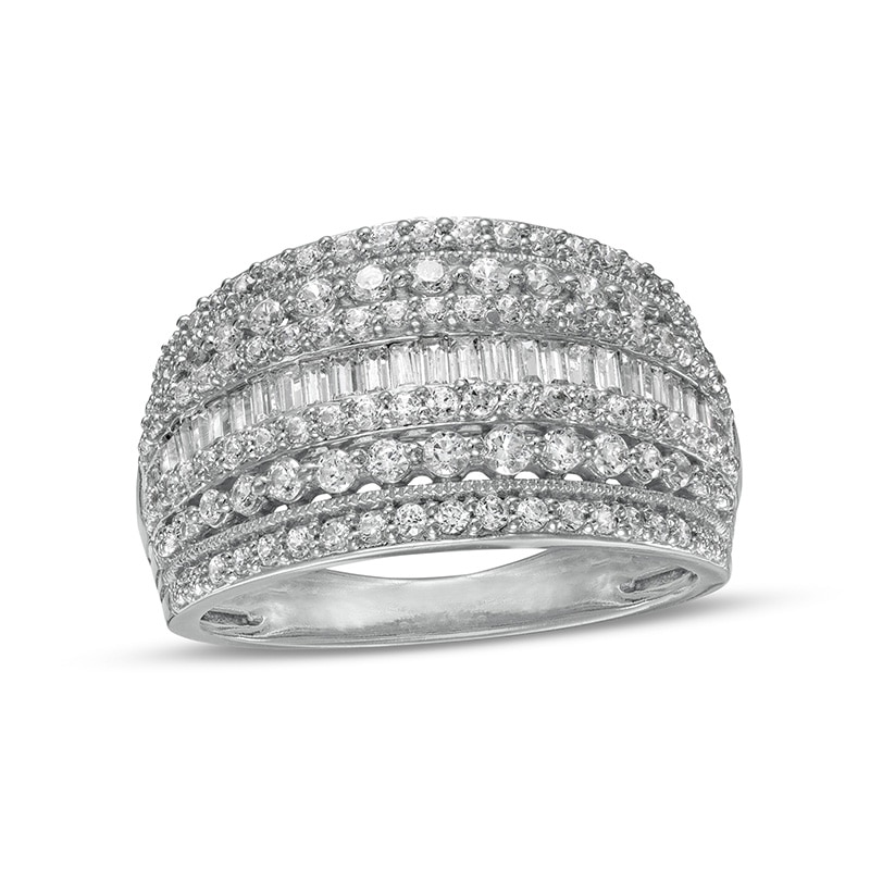 Main Image 1 of Previously Owned - 1 CT. T.W. Baguette and round Diamond Vintage-Style Multi-Row Anniversary Band in 10K White Gold