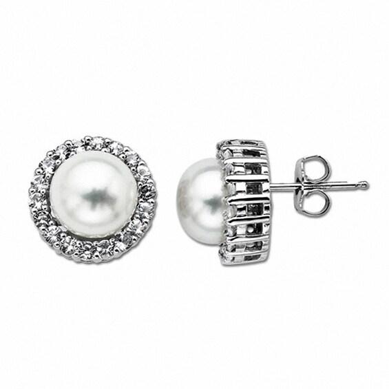 Previously Owned-9.0mm Baroque Freshwater Cultured Pearl and White Topaz Stud Earrings in Sterling Silver