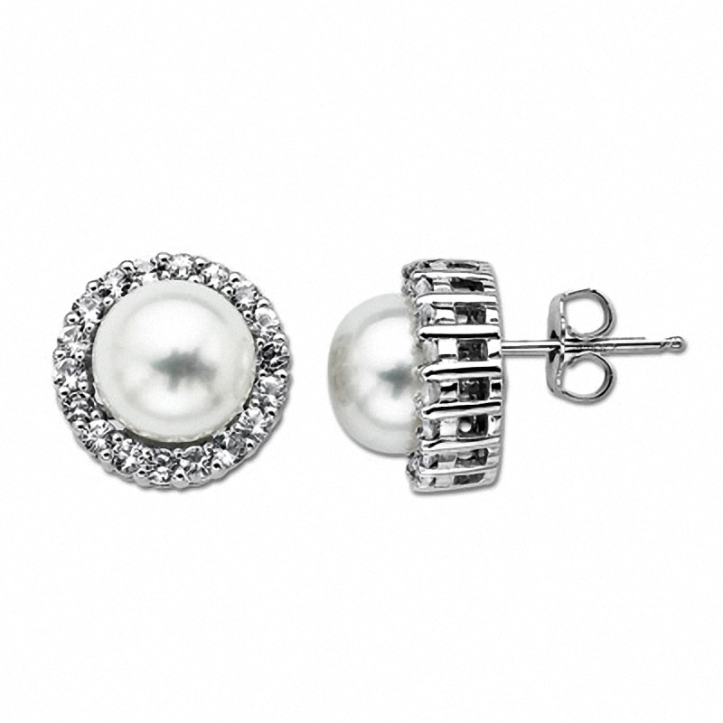 Main Image 1 of Previously Owned-9.0mm Baroque Freshwater Cultured Pearl and White Topaz Stud Earrings in Sterling Silver