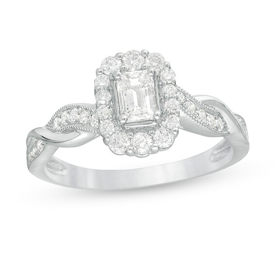 Previously Owned - 3/4 CT. T.w. Emerald-Cut Diamond Frame Twist Shank Vintage-Style Engagement Ring in 10K White Gold