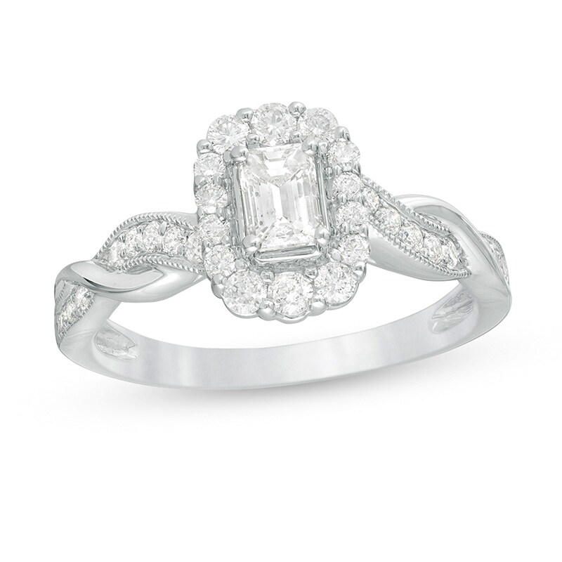 Main Image 1 of Previously Owned - 3/4 CT. T.W. Emerald-Cut Diamond Frame Twist Shank Vintage-Style Engagement Ring in 10K White Gold