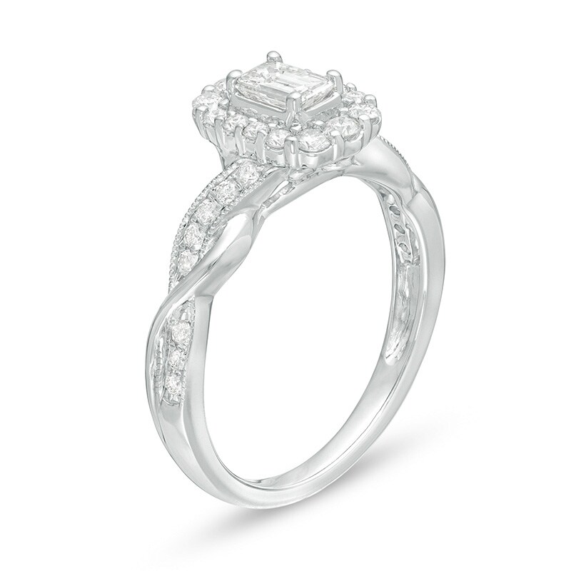 Main Image 3 of Previously Owned - 3/4 CT. T.W. Emerald-Cut Diamond Frame Twist Shank Vintage-Style Engagement Ring in 10K White Gold