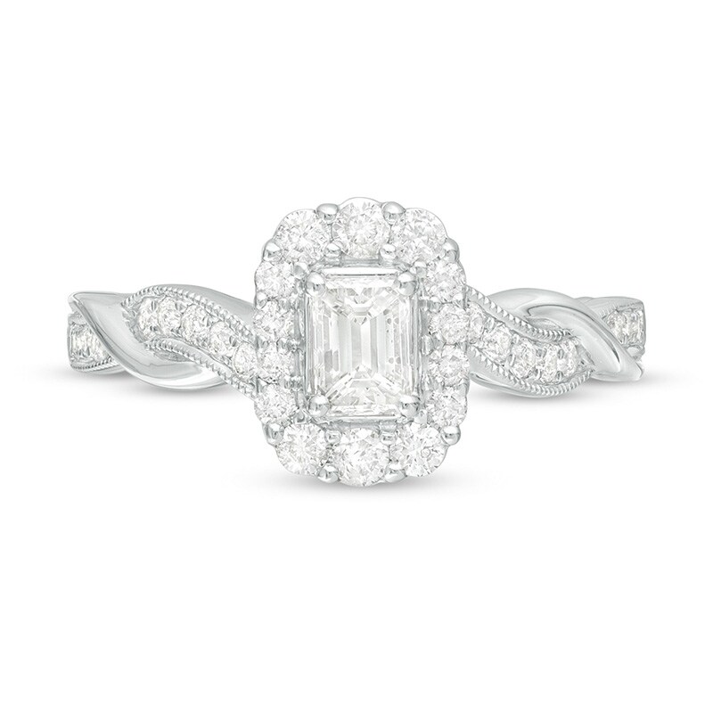 Main Image 4 of Previously Owned - 3/4 CT. T.W. Emerald-Cut Diamond Frame Twist Shank Vintage-Style Engagement Ring in 10K White Gold