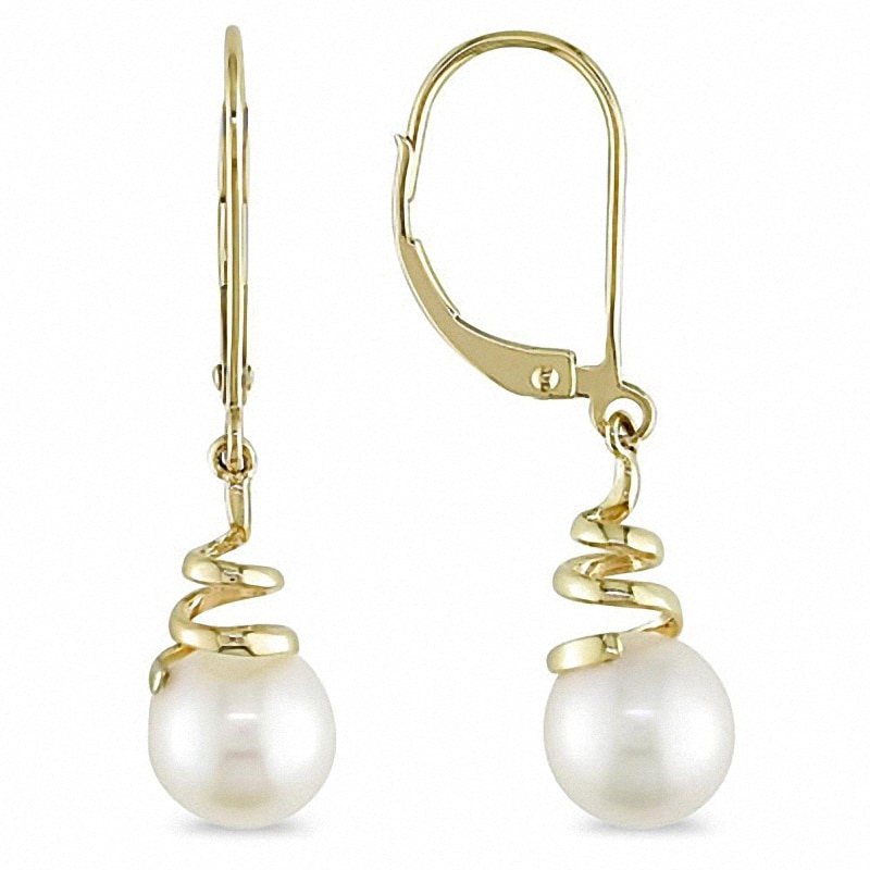 Main Image 1 of Previously Owned-6.0-6.5mm Freshwater Cultured Pearl Coil Drop Earrings in 10K Gold