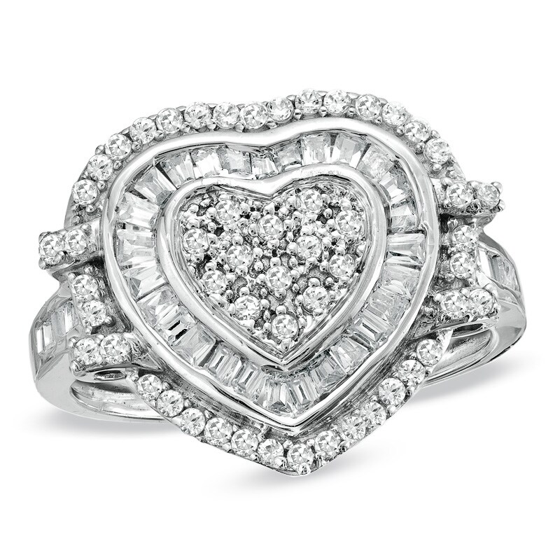 Main Image 1 of Previously Owned - 5/8 CT. T.W. Diamond Double Frame Heart Ring in 10K White Gold