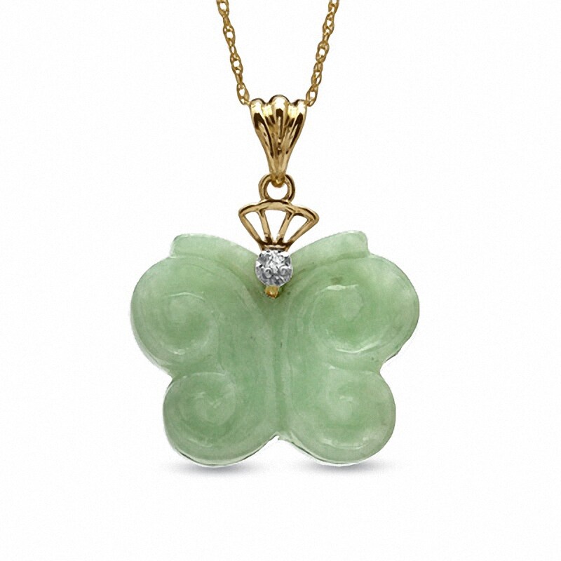 Main Image 1 of Previously Owned - Jade and Diamond Accent Butterfly Pendant in 10K Gold